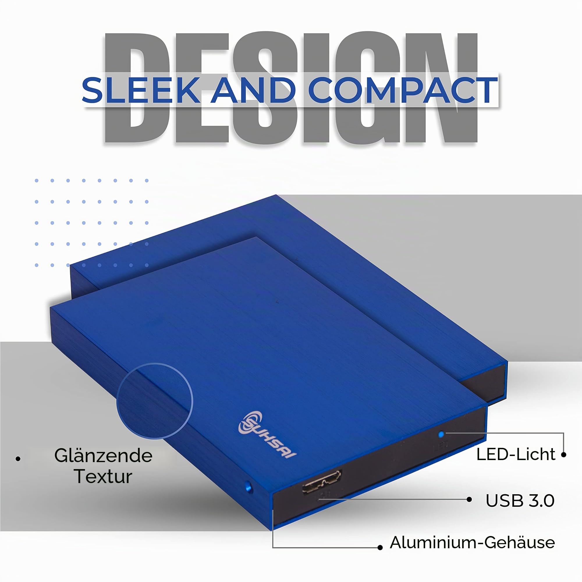 SUHSAI Externe Festplatte 1 TB, 2,5 Zoll Tragbare HDD mit USB 3.0, Plug-and-Play Datenspeicher für PC, Mac, Laptop, Gaming-Konsole, LED-Anzeige, Blau, 1 TB