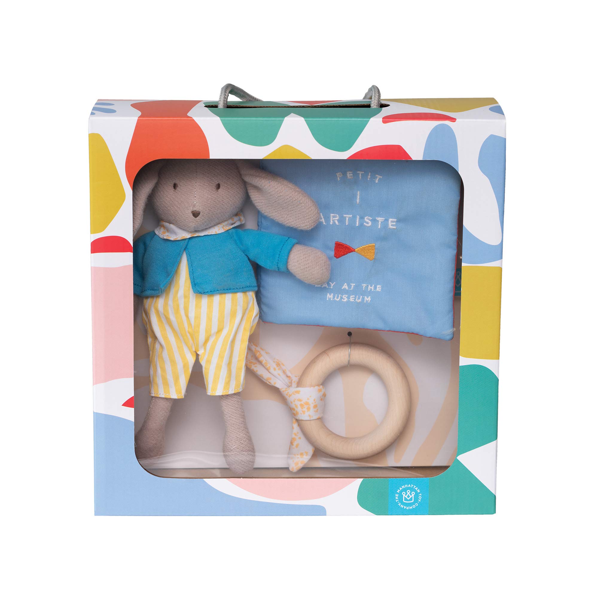Manhattan Spielzeug Petit Artiste Bunny Doll, Soft Book und Wooden Beißring Baby beruhigendes Geschenk-Set