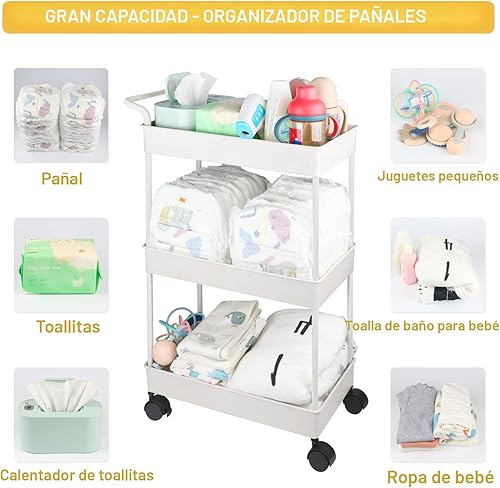 Miniatura 6 de Organizador de pañales para bebé, carrito móvil de plástico para recién nacidos, artículos esenciales para guardería, organizador para cambiador y