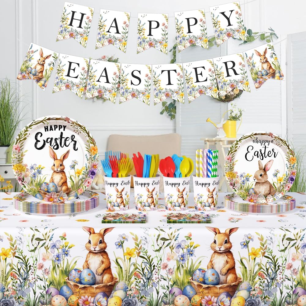 AIBIIN Easter Party Supplies, Happy Easter Party Tableware Set, Happy Easter Banner, Bunny Paper Plates Napkins Cups for Easter Spring Party Decorations