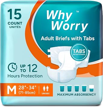 WhyWorry Adult Nappies for Women and Men, Medium, 15 Count | Disposable Adult Diapers, Incontinence Briefs with Maximum Absorbency, Overnight Protection, Odor Control, Unisex