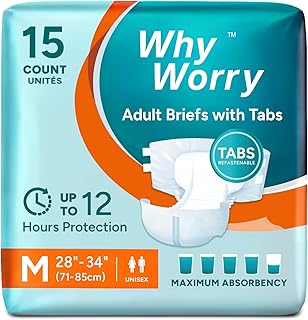 WhyWorry Adult Diapers with Tabs, Disposable Incontinence Briefs for Women & Men with Maximum Absorbency, Adult Briefs for Incontinence Overnight, Odor Control, Unisex, Medium, 15 Count