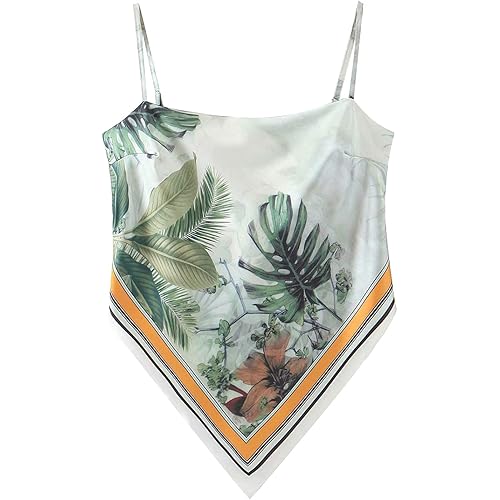 Women's Paisley Print Tie Back French Knot Hanky Hem Spaghetti Straps Handkerchief Cami Bandana Tube Crop Top