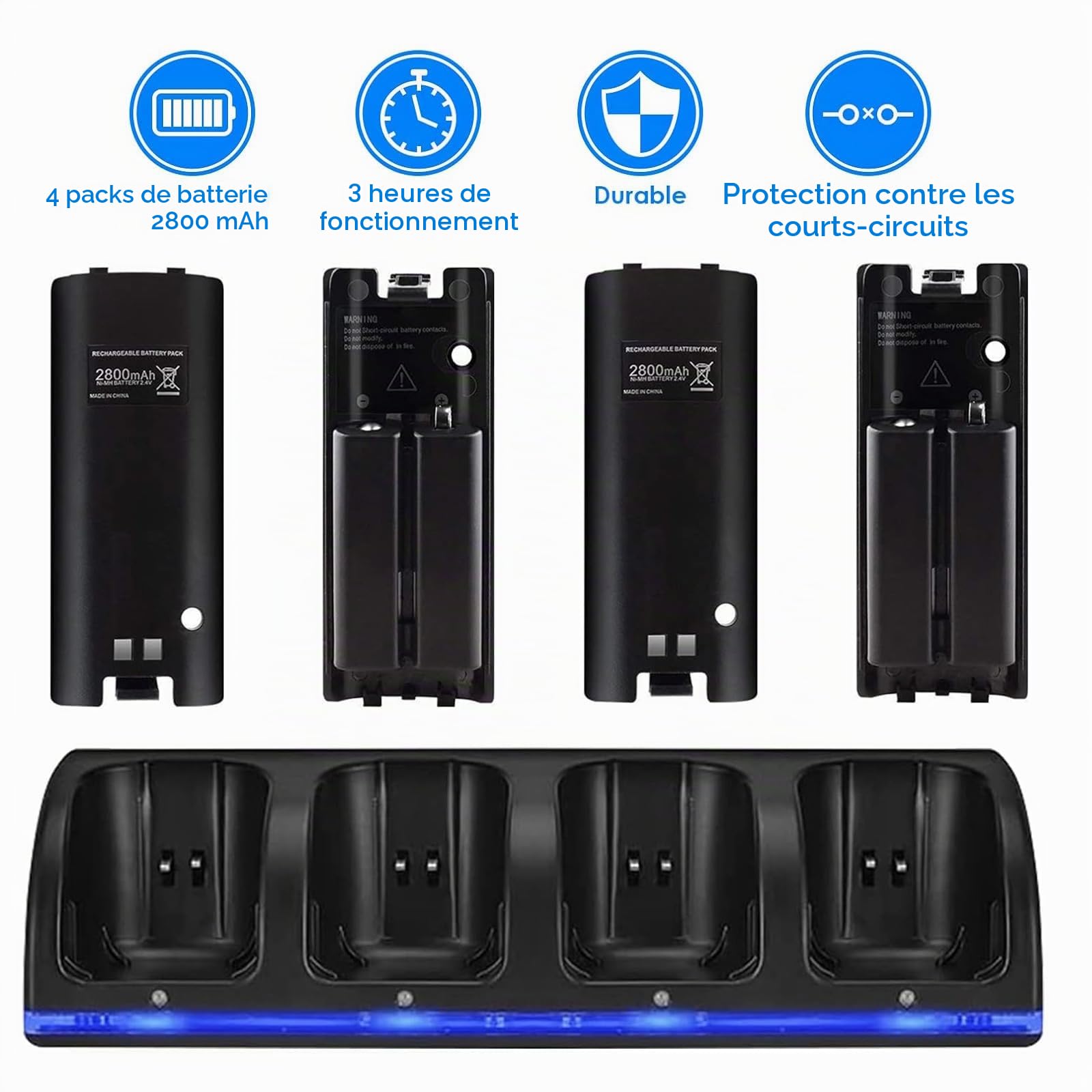 Chargeur pour Manette de Wii avec 4 Batteries 2800mAh Rechargeables Et Indicateurs LED,Chargeur de Wiimote pour Support de Charger de Station de Charge pour Télécommande Wii,Noir