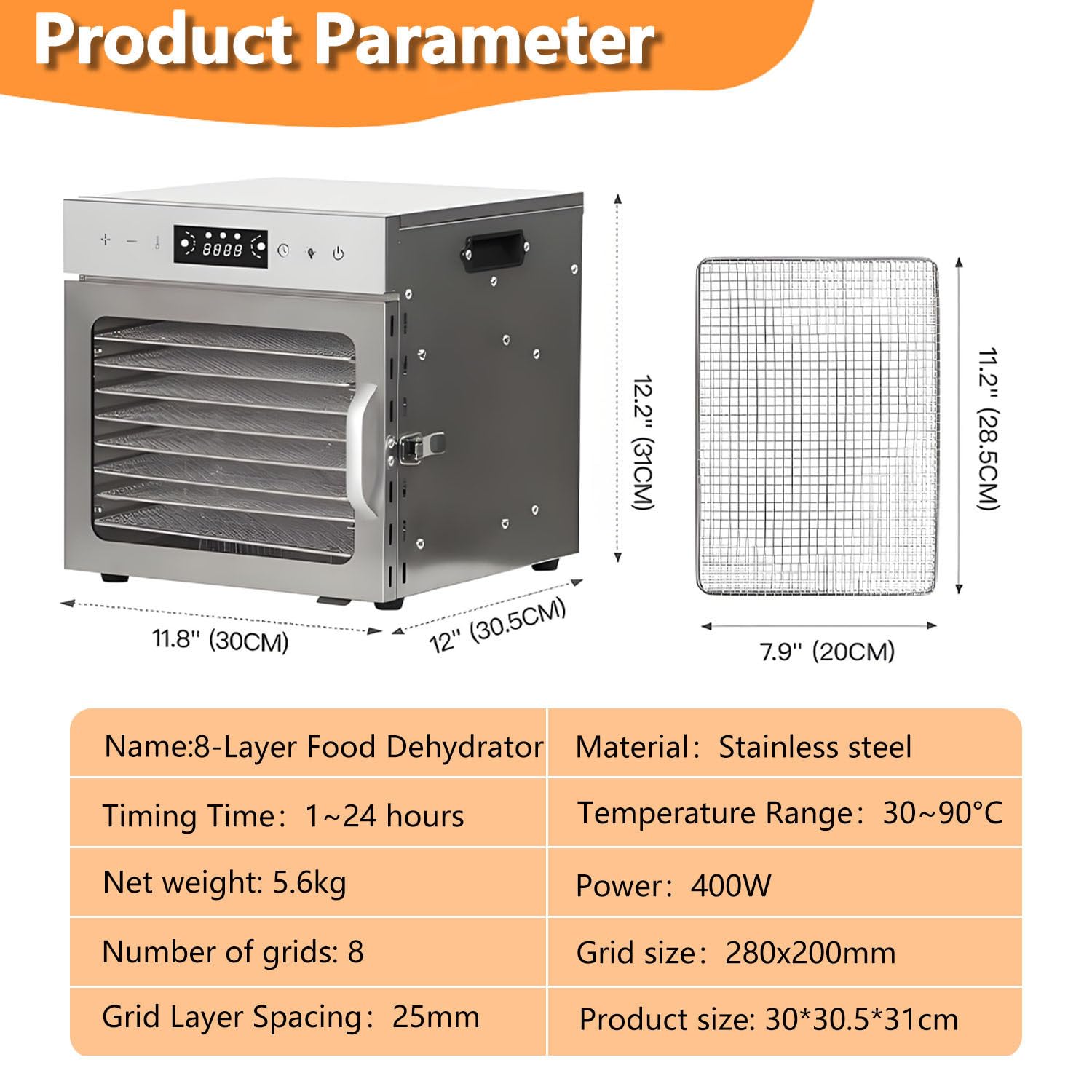 Essiccatore Alimentare Commerciale da 6/8/12/18 vassoi, essiccatore Alimentare in Acciaio Inossidabile - Temperatura Digitale Regolabile 30-90 ℃ per Frutta e Verdura 8-Trays