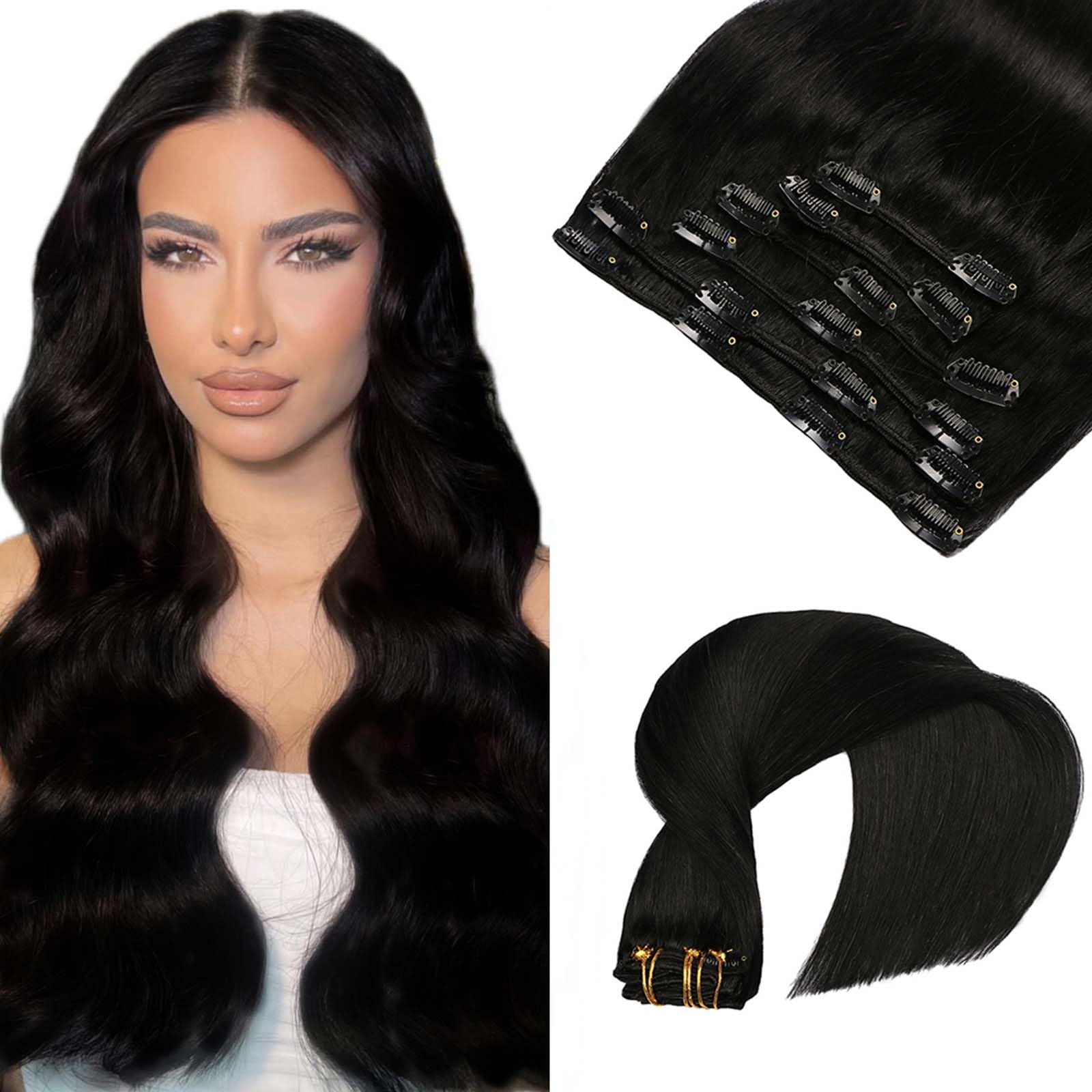 VINBAO Extension Clip Capelli Veri #1 Nero Jet, 55cm Extension Capelli Veri Clip, Remy Umani Naturali Capelli Extension con Clip 120g Lisci Estensioni Dei Capelli 6pcs (#C1, 22")