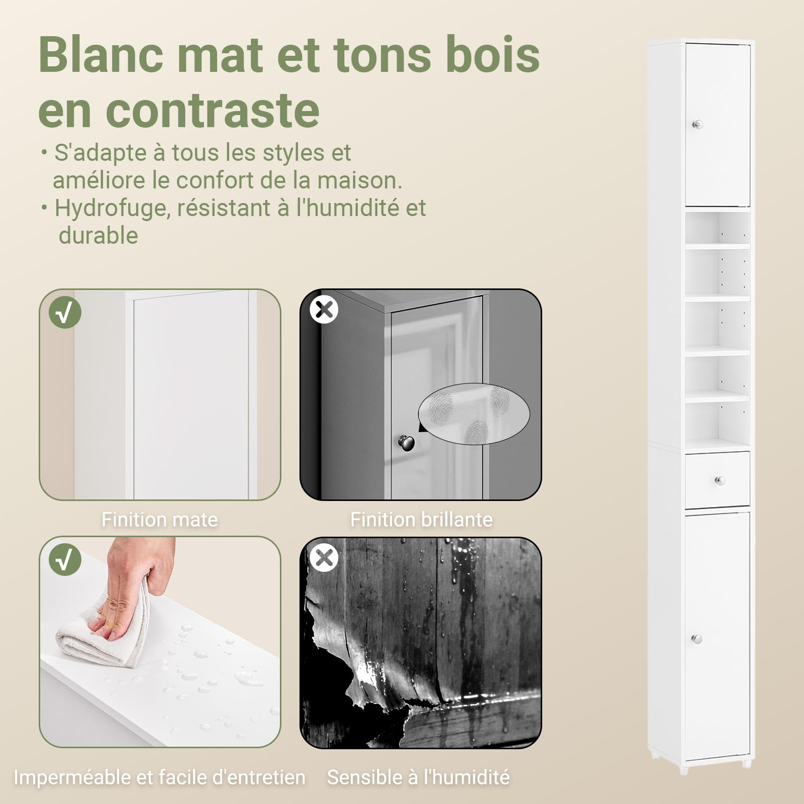 SoBuy Meuble Salle de Bain Colonne Salle de Bain 180cm Armoire de Rangement Étroite 20x20cm avec Étagères Réglables et Tiroir - Colonne Gain de Place pour WC, Lavabo, Buanderie Blanc Mat BZR34-II-W