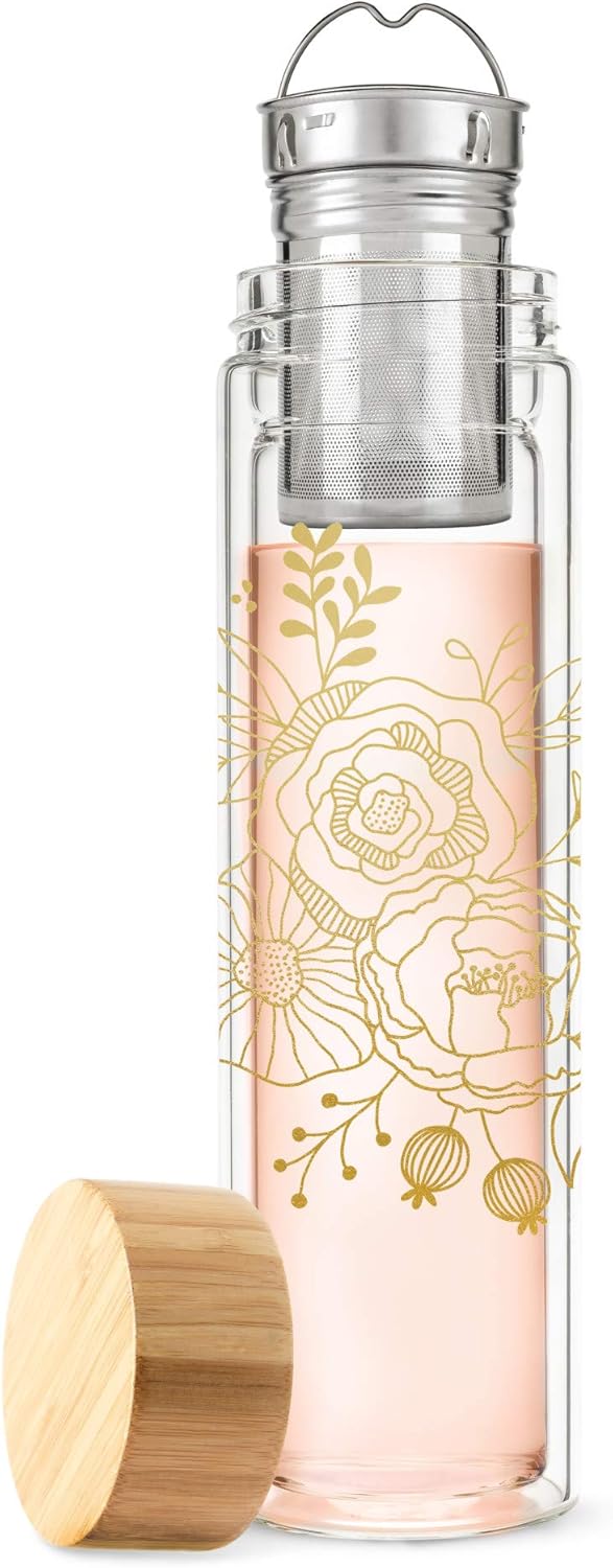 Pinky Up Blair Travel Infuser Mug, Double-Walled Glass, Stainless Steel Strainer, 16 Oz, Bouquet - Image 4