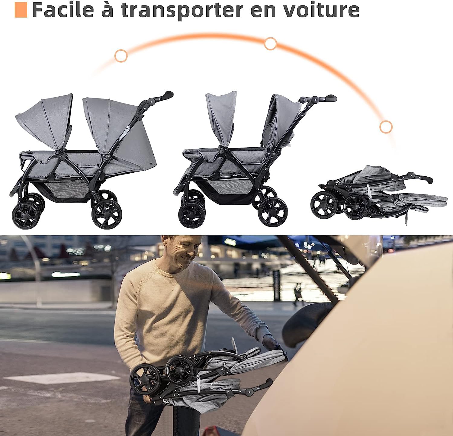 RELAX4LIFE Poussette Double pour Jumeaux Pliable 0 à 36 Mois | Poussette Canne de Bébé avec Capote, Charge Max 15 kg, Guidon et Repose-pied Réglables, Dossiers Inclinables