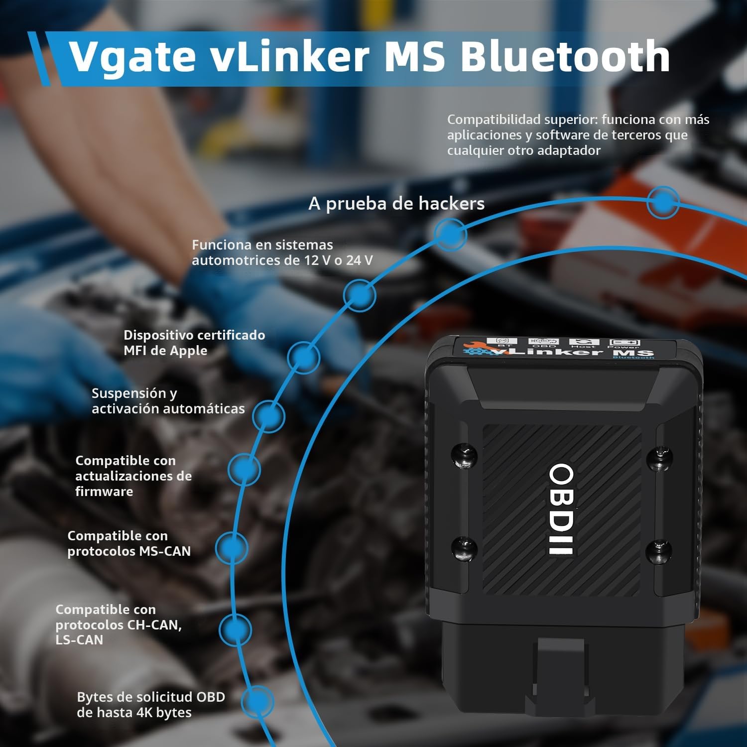 Vgate vLinker MS Bluetooth MFI Herramienta de diagnóstico OBD2 Lector de códigos de avería Adaptador de Coche Compatible con OBDII Check Engine Light para iOS, Android y Windows.