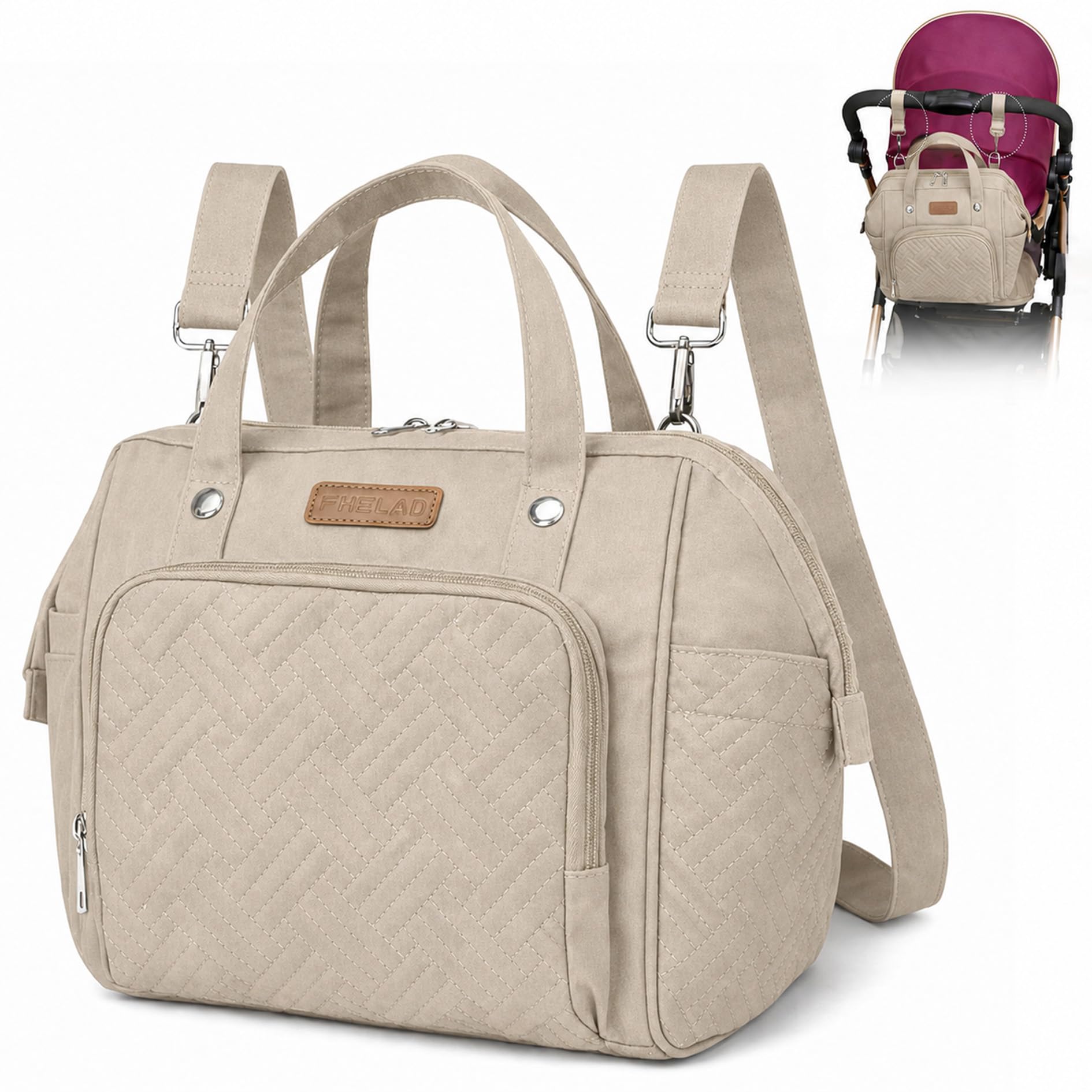 Small Diaper Bag Backpack Diaper Tote Bag,Waterproof Multi-Function Mini Tote Maternity Bags Travel Backpacks with Insulated Pockets, Apricot, Light Khaki-image-28