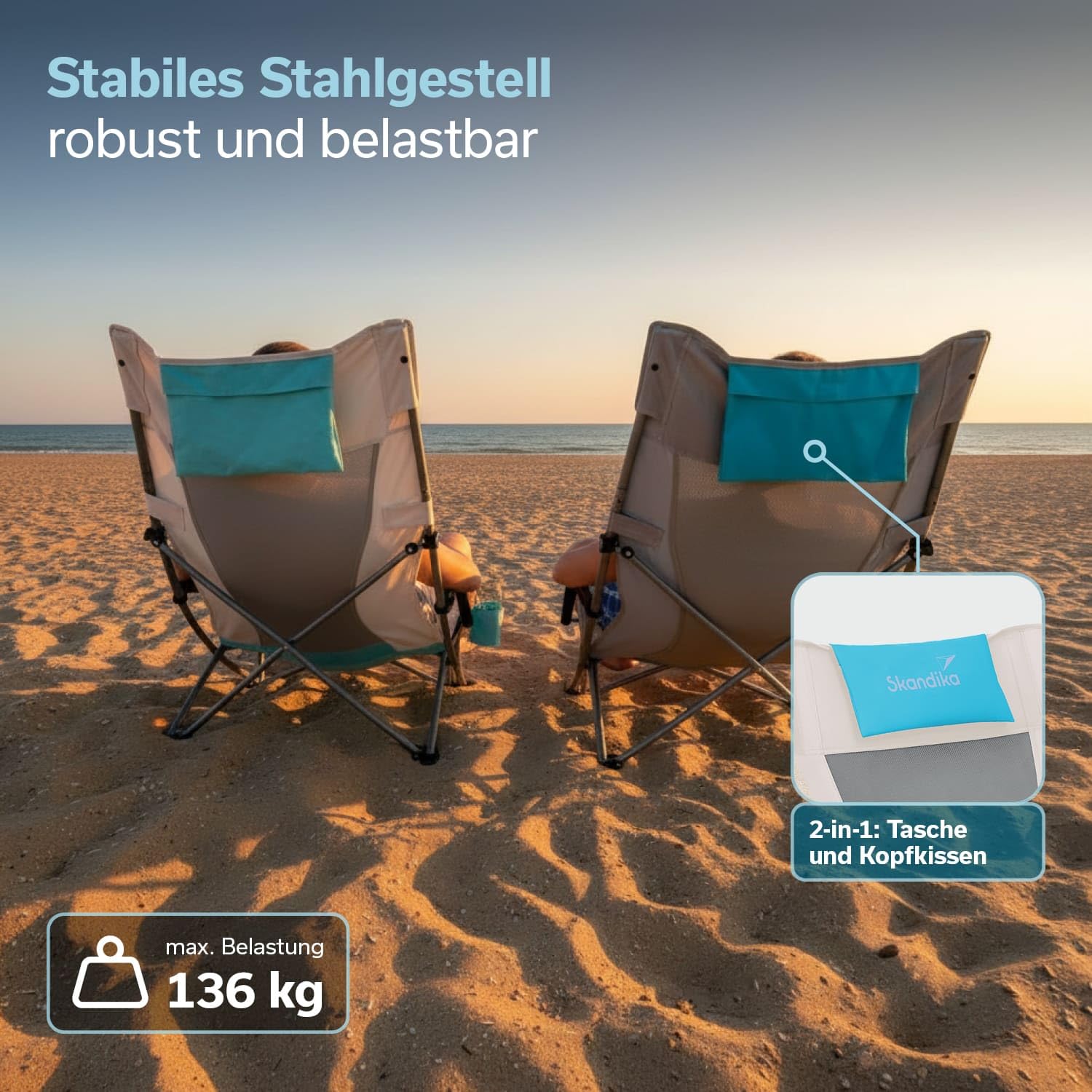 Skandika Strand Campingstuhl Beach | Bequemer Strandstuhl mit atmungsaktivem Mesh, Getränkehalter, niedrig, leicht zu transportieren, max. 136 kg | Faltbarer Klappstuhl, Liegestuhl (beige/türkis)