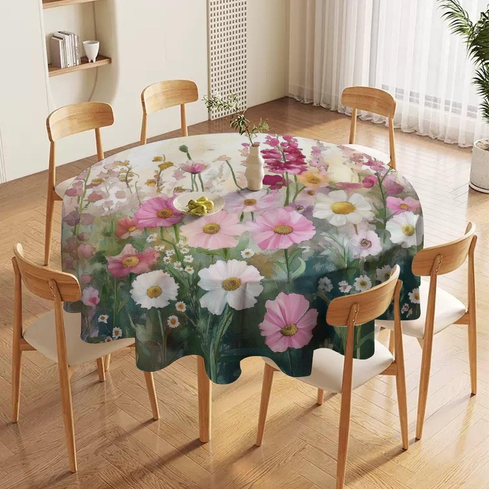ORDOBO 3D Printed Tablecloth - Pink Flowers Round Tablecloth Wipeable For Kitchen Dinner Picnic Party Home Fashion Print Table Cover Decoration 91X91Cm