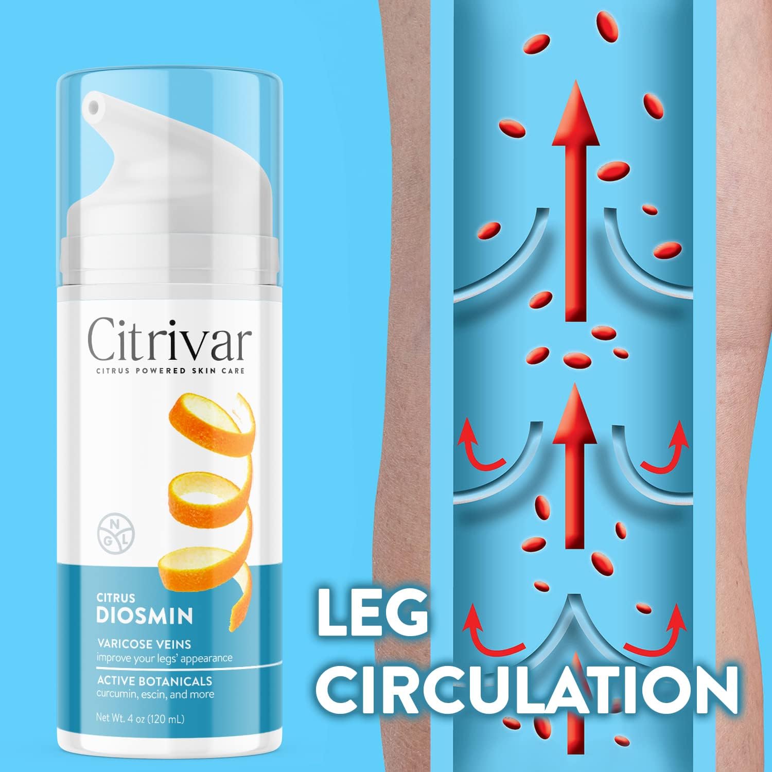 NGL Citrivar Leg Cream - Soothing Mint Tonifier with Diosmin, Butcher's Broom, Aescin, Rutin, Curcumin - 120 mL