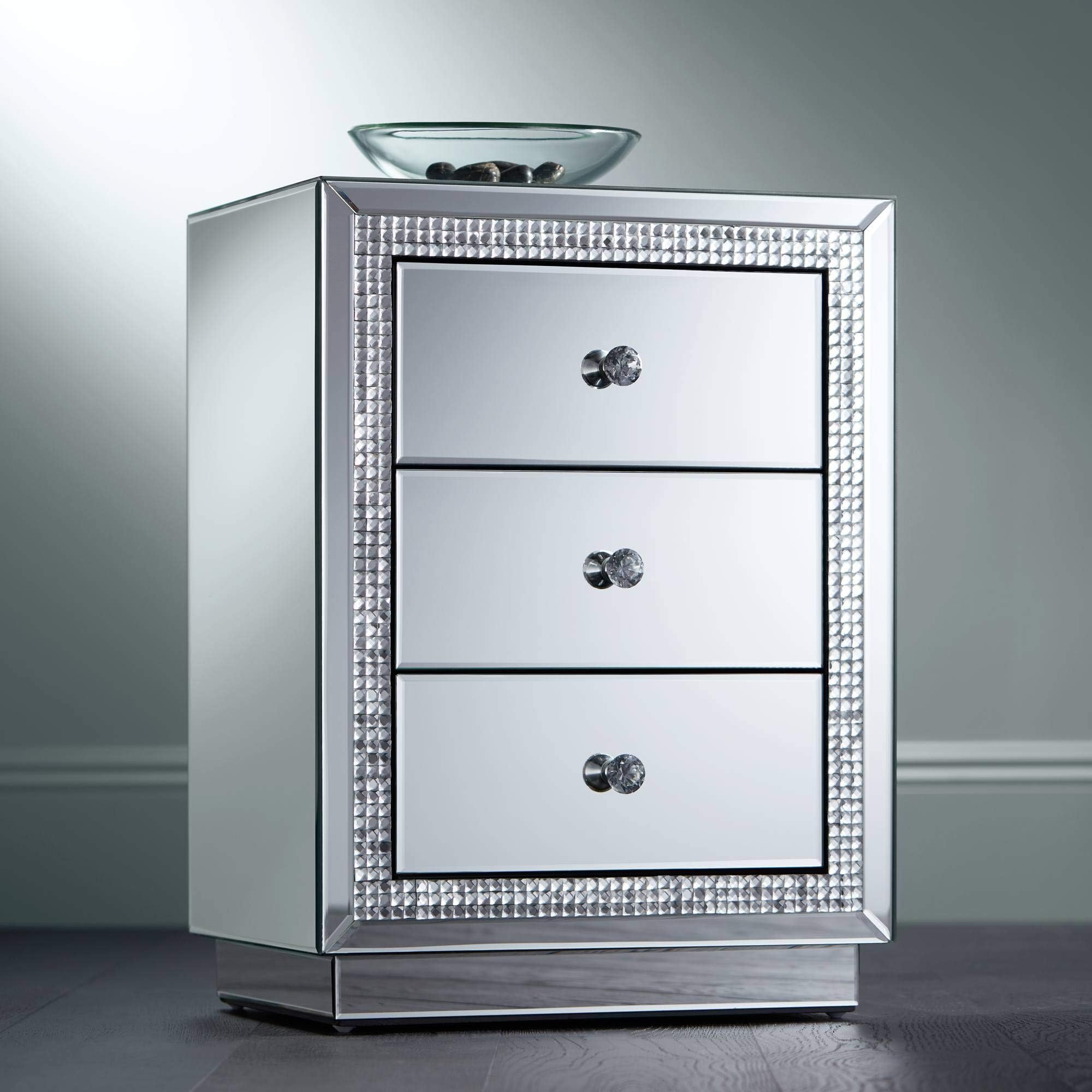 Studio 55D Biscaya Modern Glam Smooth Beaded Mirrored Glass Rectangular Accent Side End Table 19" x 13 3/4" with Drawer Silver for Spaces Living Room Bedroom Bedside Entryway House Office