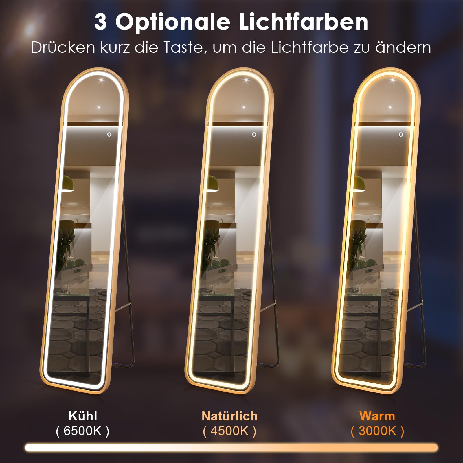RELAX4LIFE LED Ganzkörperspiegel, 2-in-1 Standspiegel mit 3 Farben dimmbar, Wandspiegel mit Alu-Rahmen & Touch-Schalter, Spiegel für Wohnzimmer Schlafzimmer Eingangsbereich, 155 x 37 cm (Bogen)