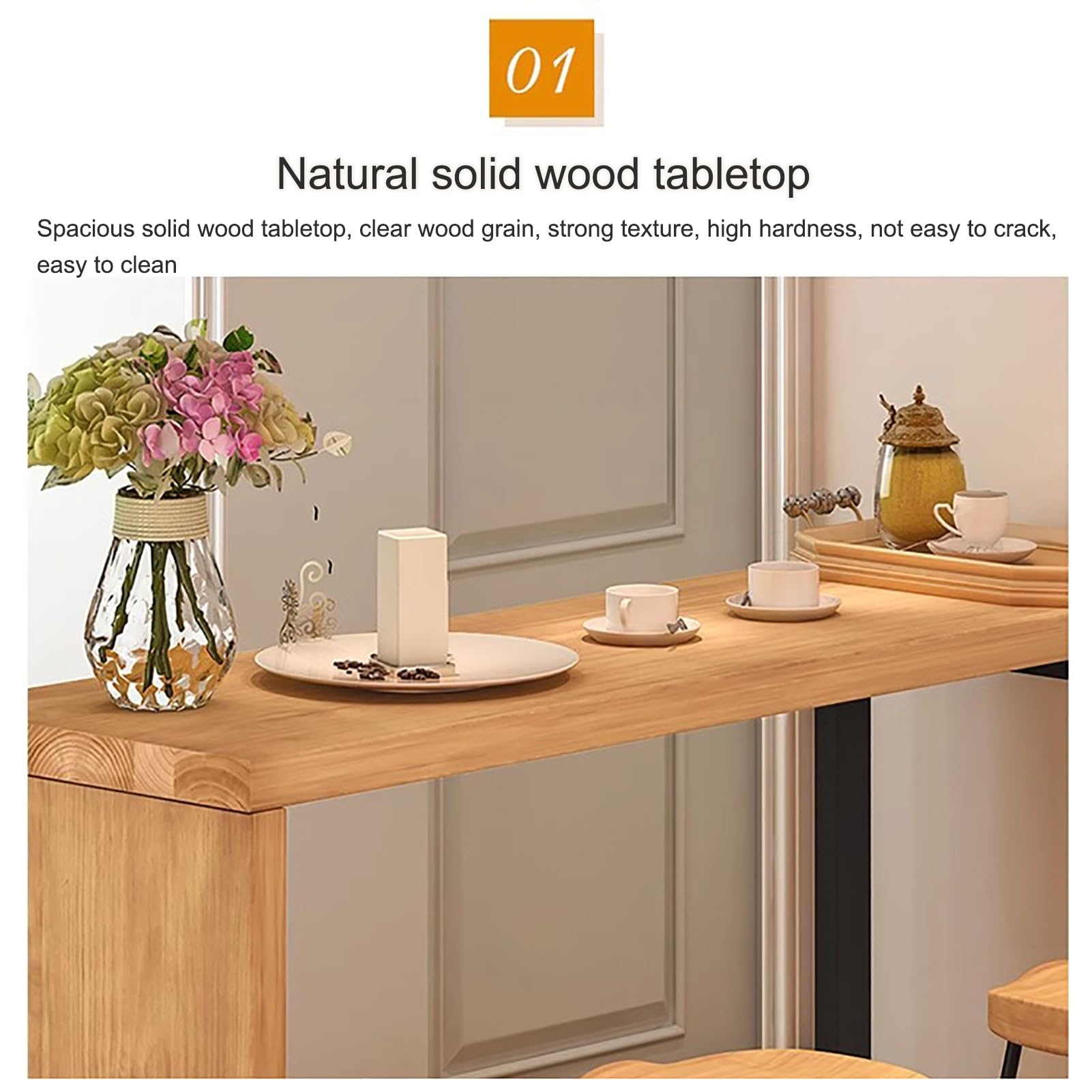 Bartisch- und Stuhlset, Stehtisch aus Massivholz, kreativer Esstisch mit Baumkante, für Küche, Wohnzimmer, Balkon, Keller, einfach zu montieren (140 x 40 x 105 cm / 55 x 16 x 41,5 Zoll)