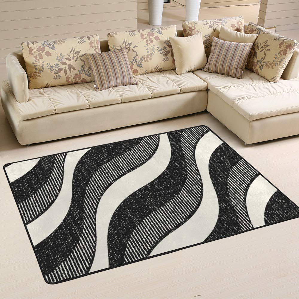 Tapis à rayures bleues anti-tache et tapis facile à nettoyer salon 72x48
