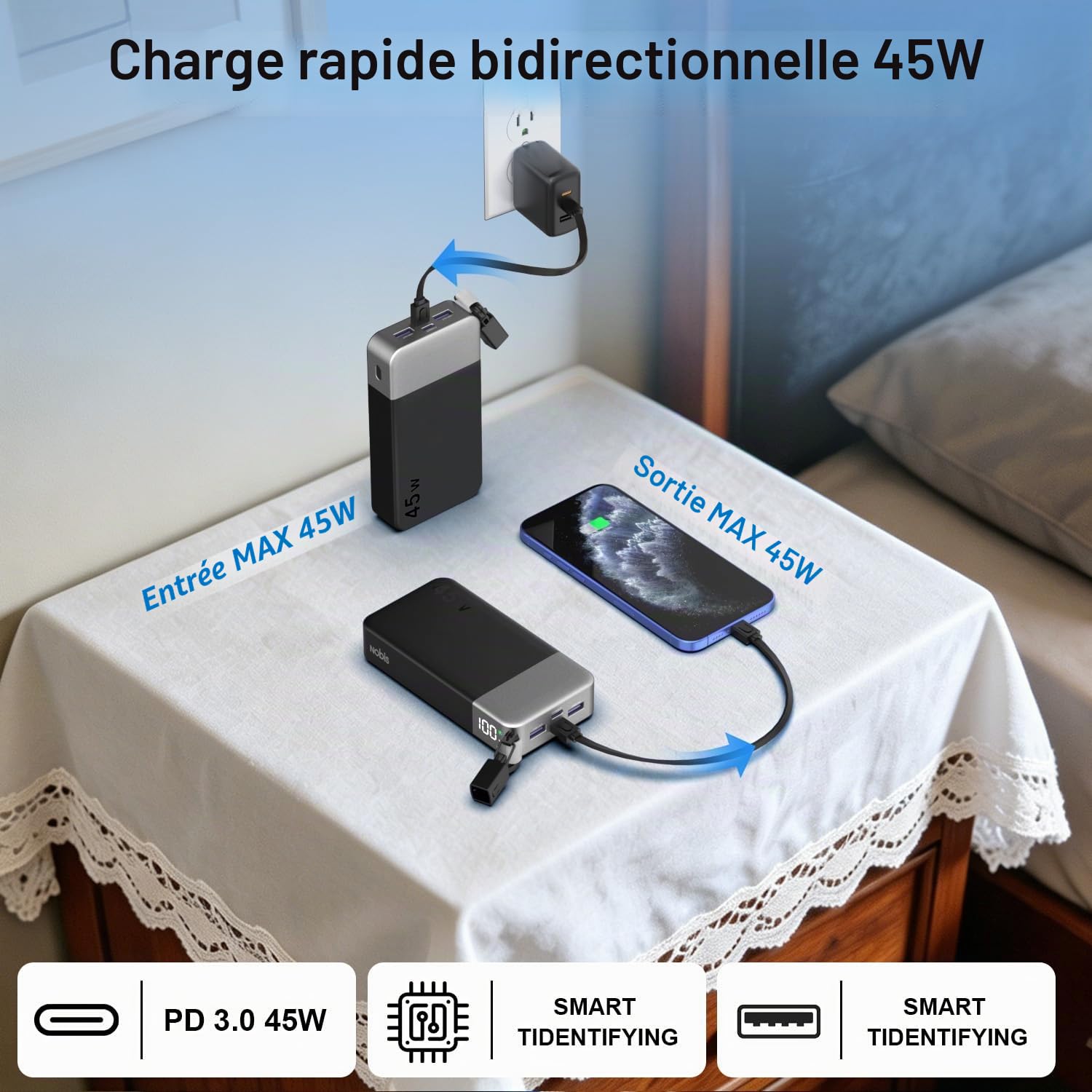 NOBIS Batterie Externe 20000mAh 45W Bidirectionnelle avec Câble Détachable
