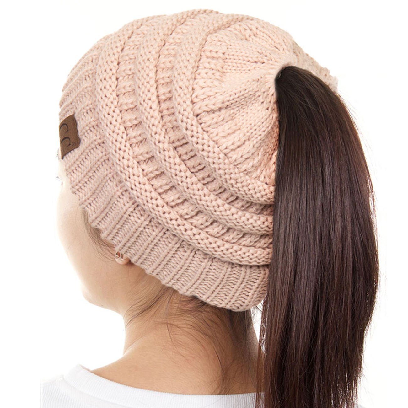 ScarvesMe 2pc Women Confetti BeanieTail Ponytail Messy Bun Solid Ribbed Beanie Hat Cap and Gloves Set (New Beige Solid)