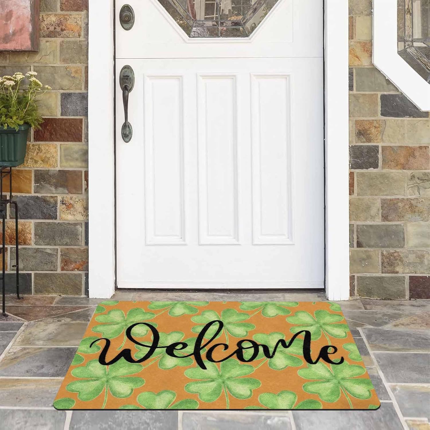 St. Patrick's Day Welcome Door Mat Green Shamrock Clover Decorative Rug Non Slip Indoor Outdoor Entrance Mat for Front Porch Home Decor 18 x 30 Inch
