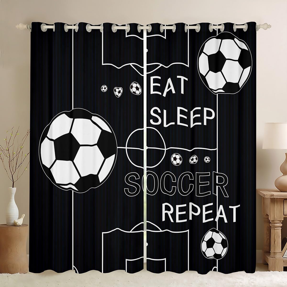 jejeloiu Kids Soccer Curtains for Bedroom (2 Panels, 52 x 63 Inch) Football Blackout Curtains Boys Girls Eat Sleep Darkening Drapes Sports Theme