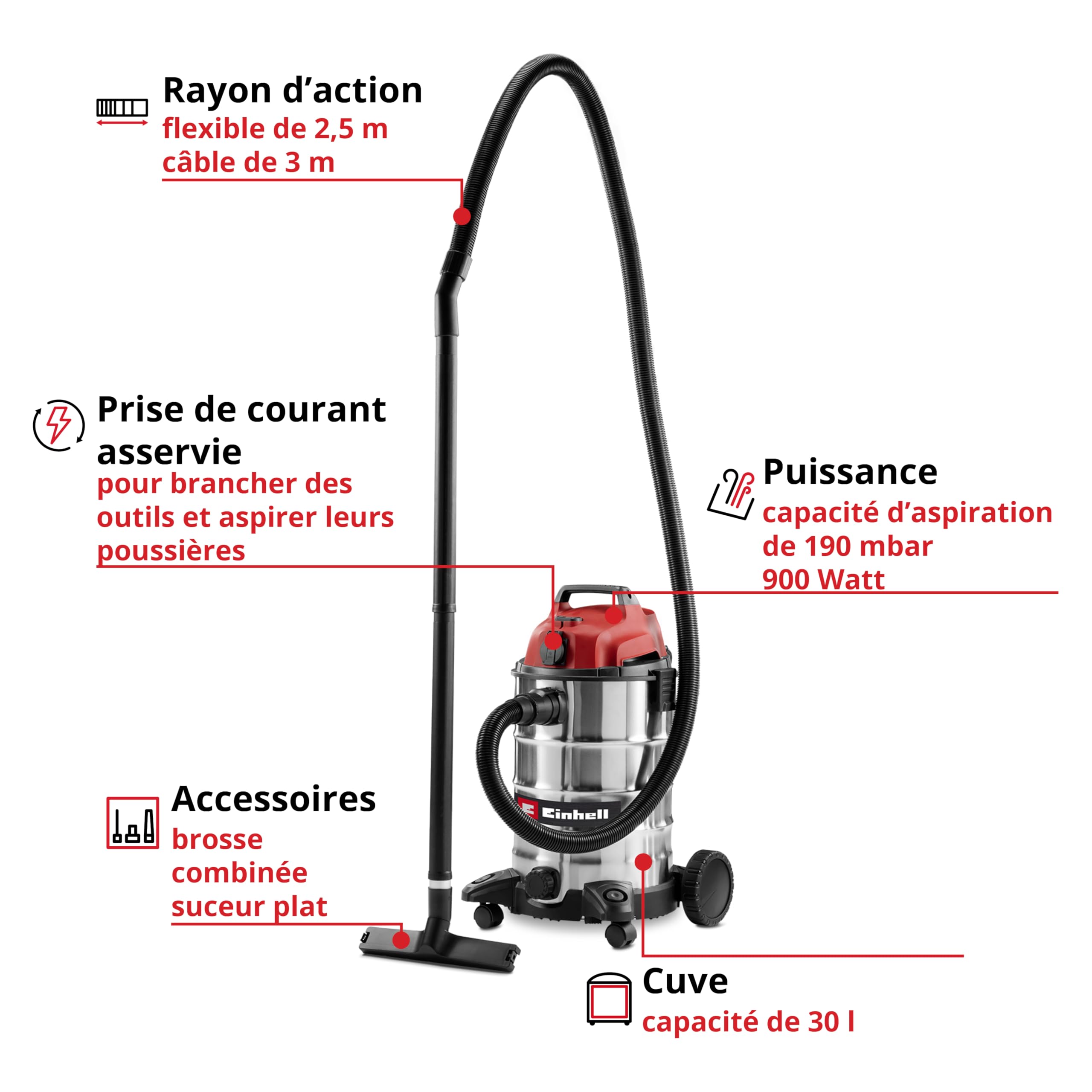 Einhell Aspirateur eaux et poussières TC-VC 3055 SA (900 W, 190 mbar, Prise de Courant asservie, cuve en INOX de 30 l, Roues et roulettes, avec Accessoires, filtres et Sac collecteur de poussière)