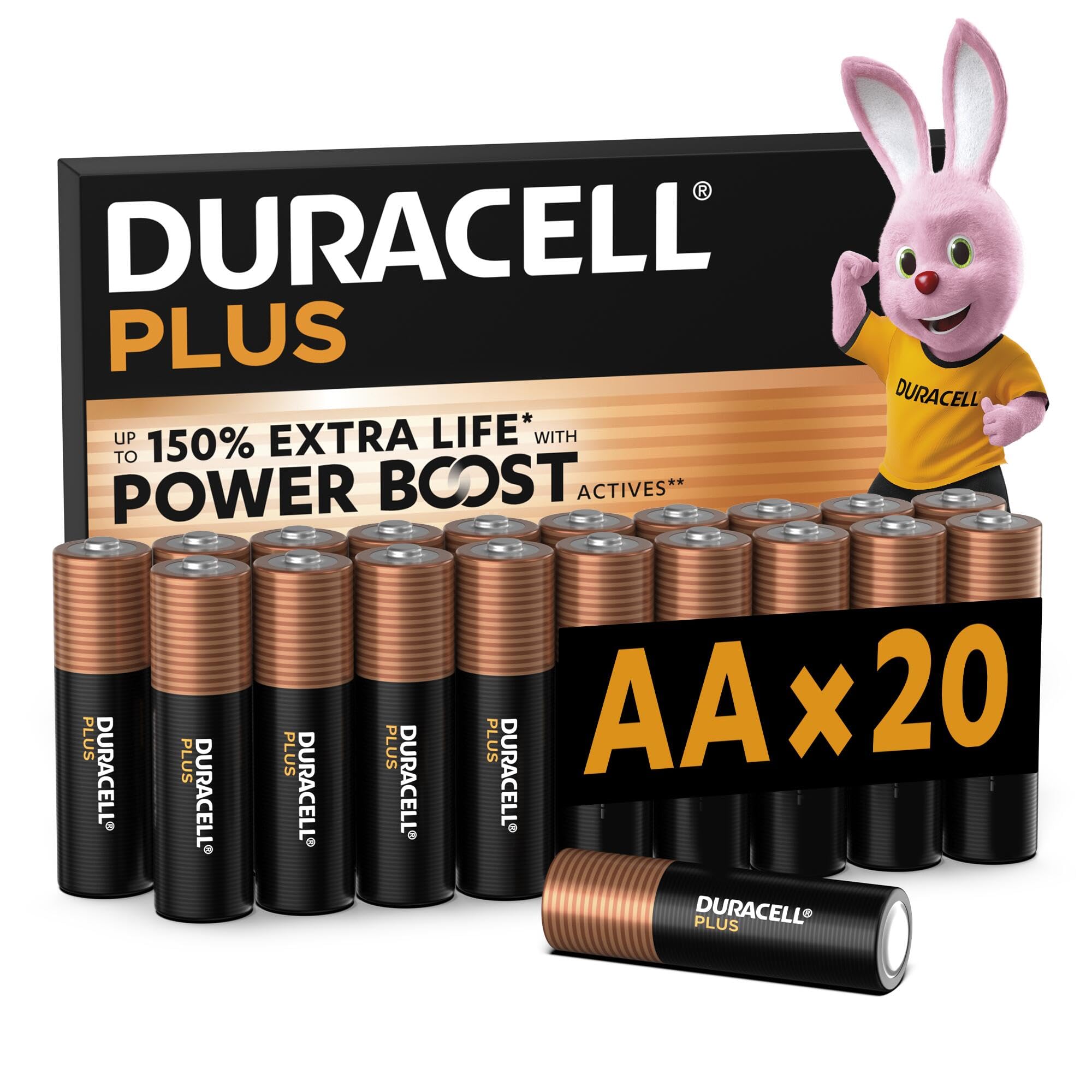 DURACELL Plus AA Batteries (20 Pack) – Alkaline Batteries 1.5V – Up to 150% Extra Life with POWER BOOST Actives – Packaging may vary – 0% Plastic Packaging – 10-Year Storage - MN1500