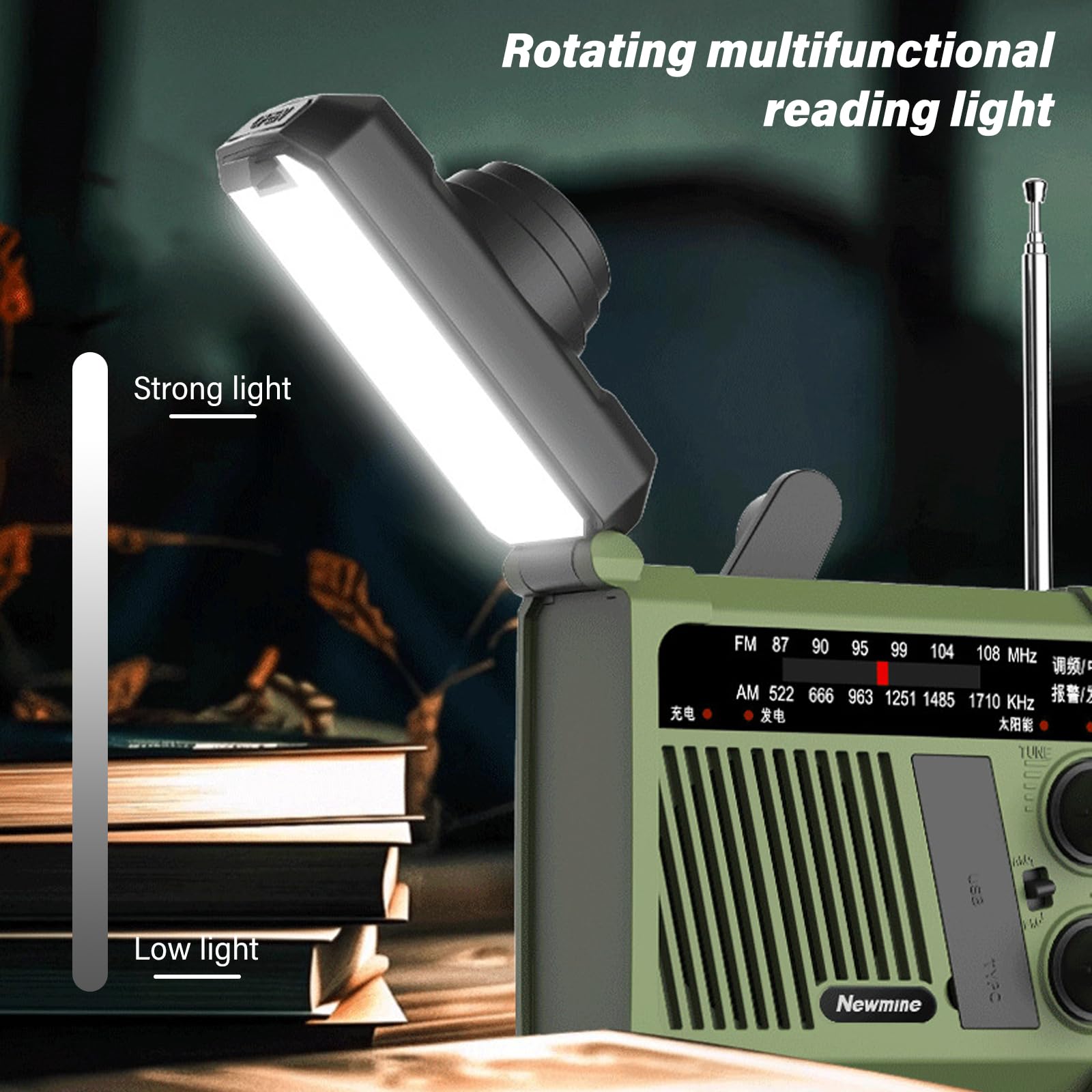Radio korbowe, 1800 MA, radio awaryjne, solarne radio z korbą, do użytku na zewnątrz, na kemping, w sytuacjach awaryjnych, SOS, wytwarzanie prądu za pomocą korbki ręcznej, zielone (160 x 96 x 56 mm)
