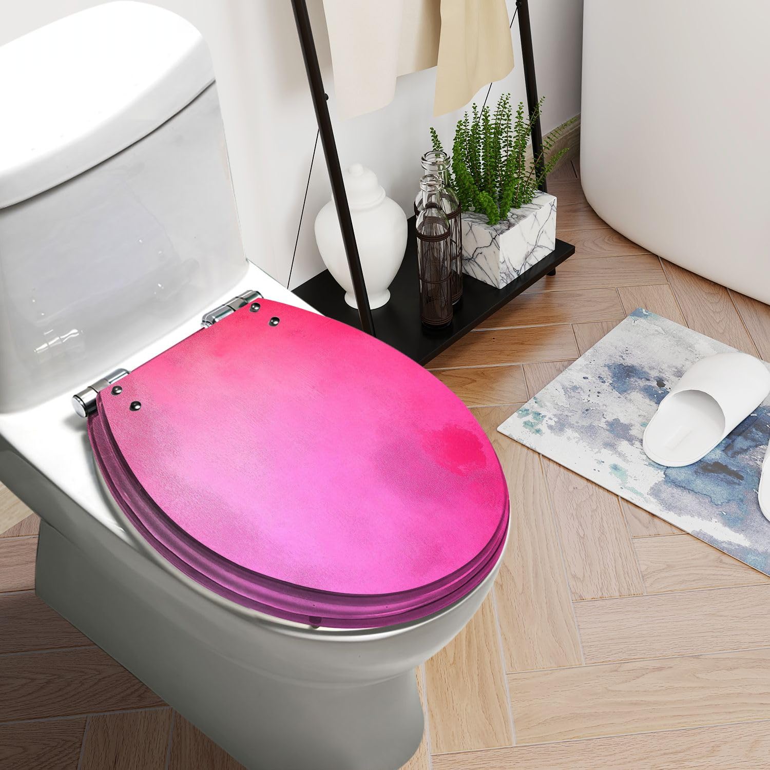 Asiento de inodoro redondo con bisagras de cierre suave y liberación rápida para baño.