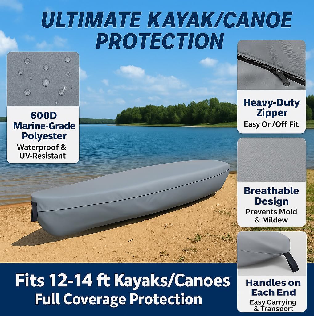 IRSTBL - Kayak Cover - Waterproof Premium 600D UV Resistant Canoe and Paddle Board Cover for Outdoor Storage fits 12 ft to 14 ft Long with 47 Inches Girth – Complete with Waterproof Pouch