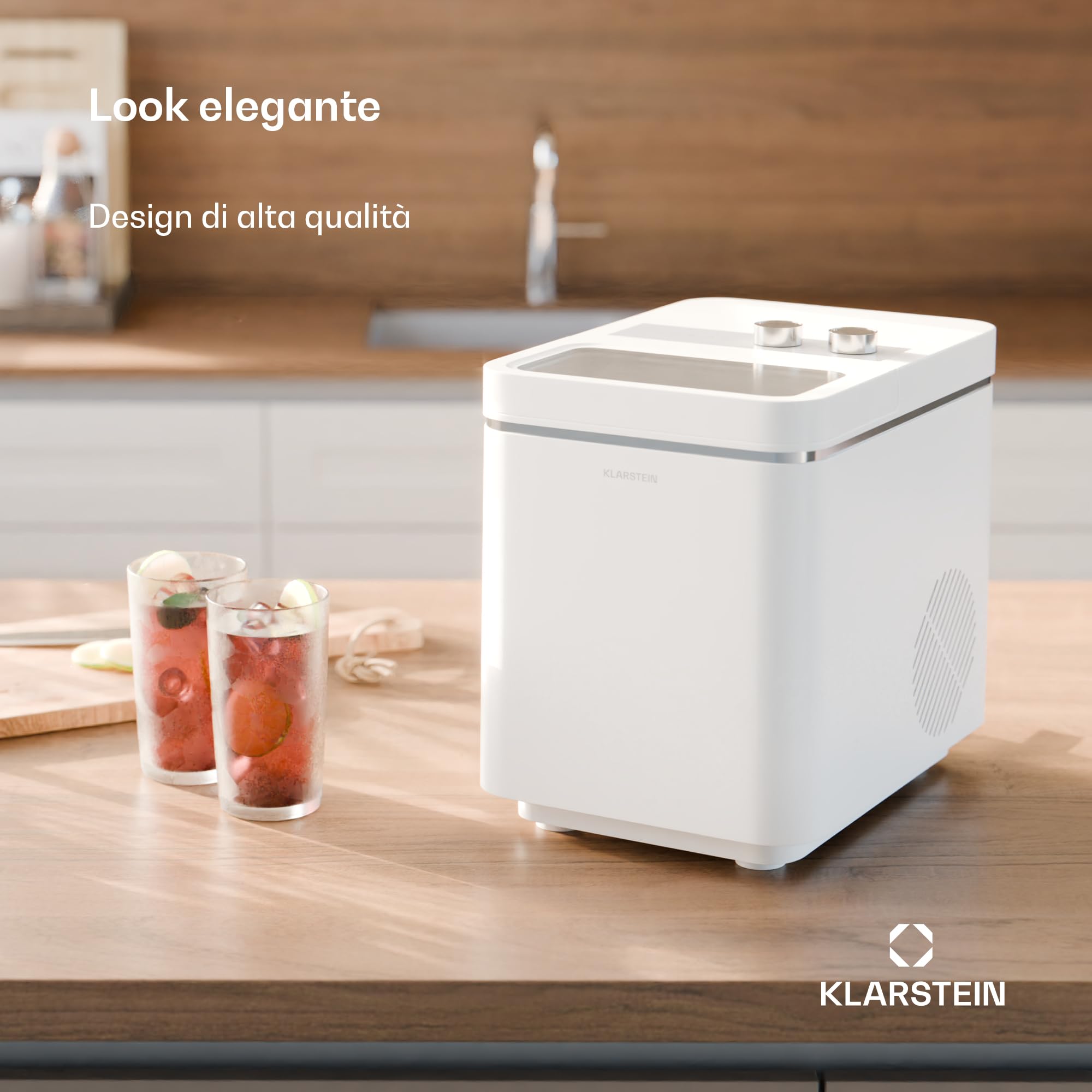 Klarstein IceCraft - Macchina del Ghiaccio, 12kg/24h, Cubetti in 6 Minuti, 2 Dimensioni, Facile da Usare, Design Moderno, Pulizia Automatica, Macchina del Ghiaccio per Casa e Bar, 150W, Bianco