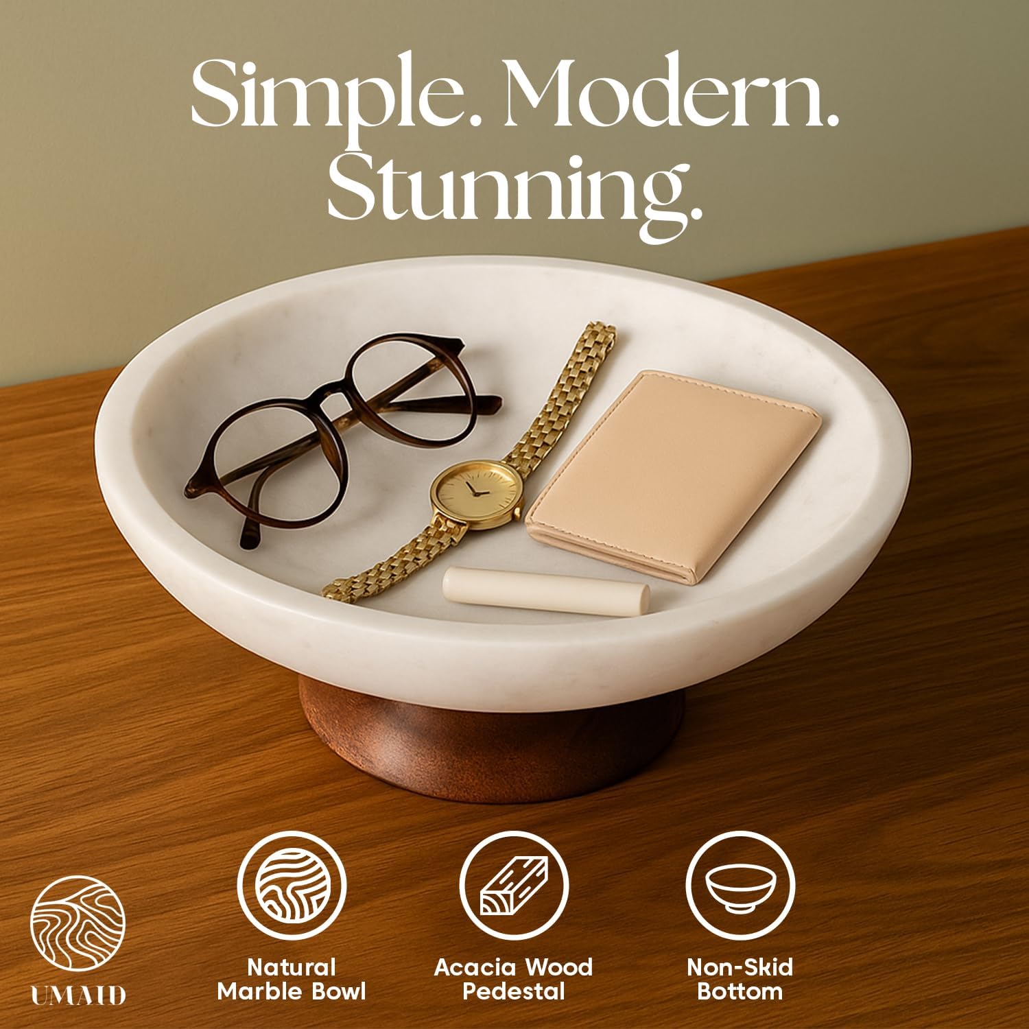 UMAID White Marble Decorative Bowl with Wood Pedestal, 10" Handcrafted Natural Stone Centerpiece with Unique Veining, Luxury Kitchen Fruit Bowl & Entryway Catch-All, for Potpourri & Coffee Table Decor