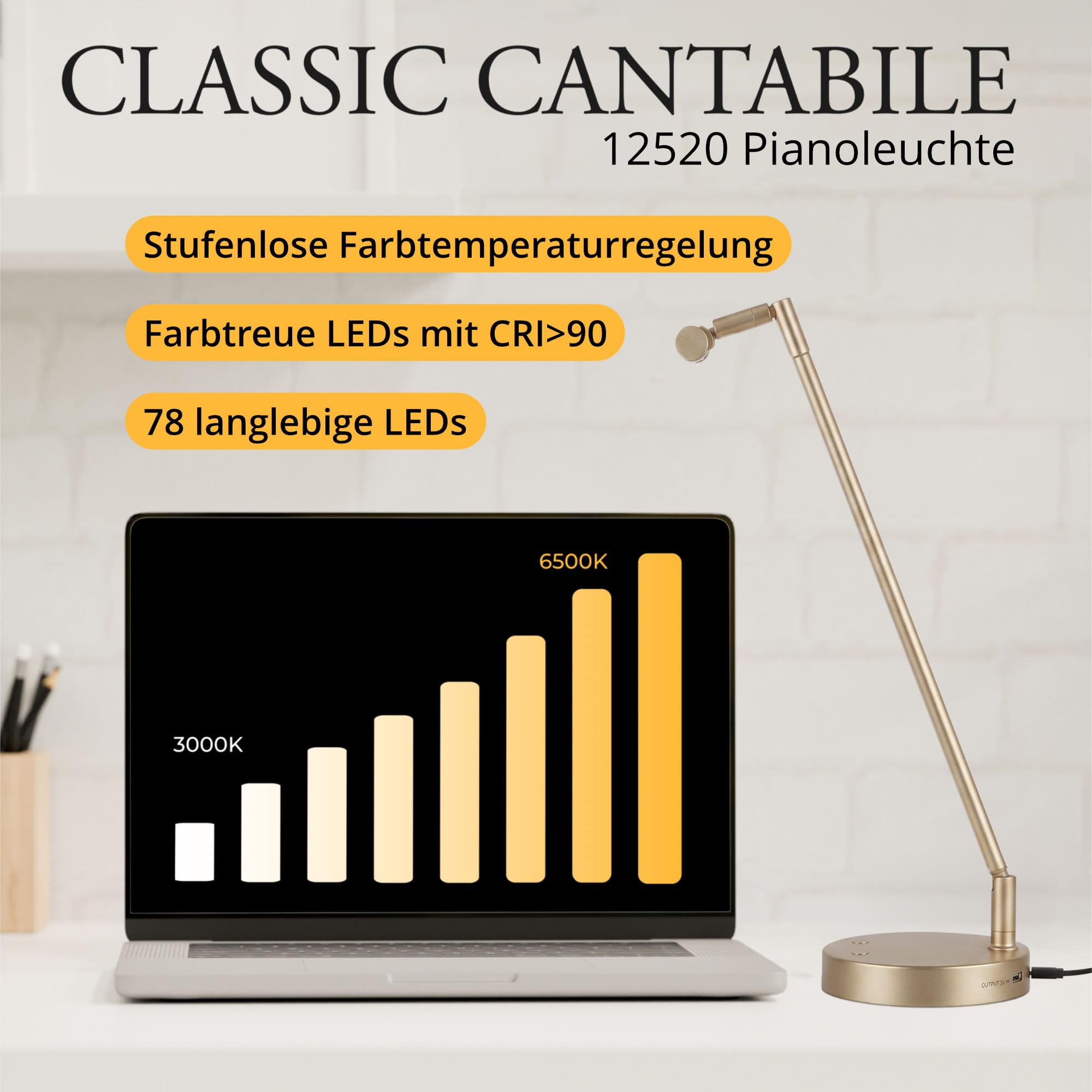 Classic Cantabile 12520 GD Lampe De Piano Or, Hauteur maximale: 45 cm