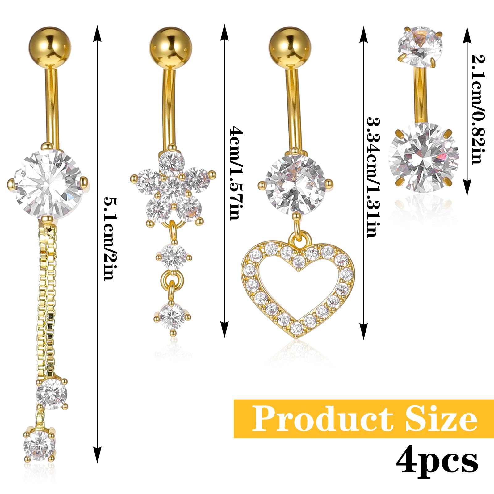 Cobee 4 sztuki kolczyków do pępka ze stali nierdzewnej, 10 mm, stal chirurgiczna, złoty, piercing do pępka, długi kolczyk do pępka, biżuteria z zawieszką ze strasu, dla kobiet (4 style)
