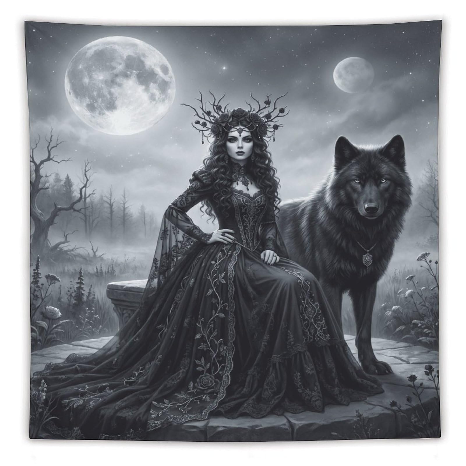 W7C8U2X3 Snowy Wolf Queen Wall Tapestry, Oil Painting Style, Apartment