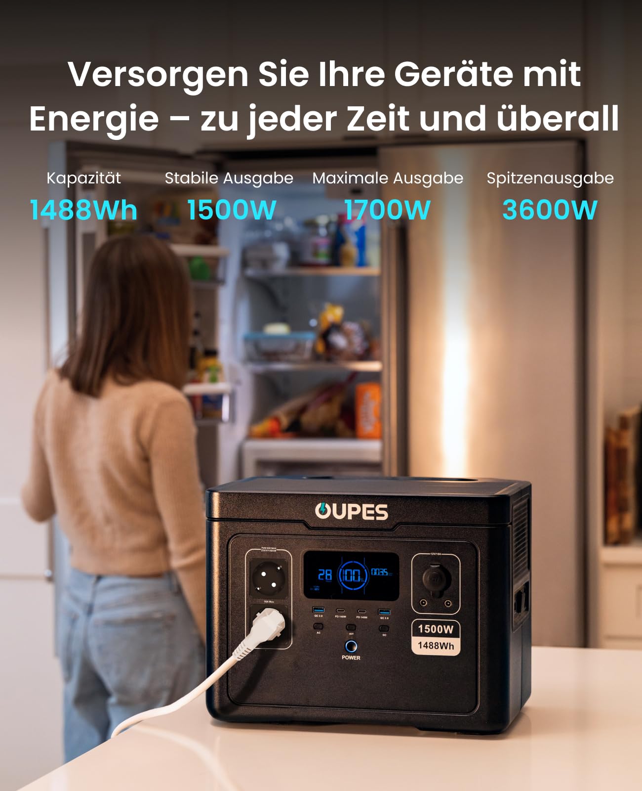 OUPES Exodus 1500 Tragbare Powerstation 1500W, 1488Wh Solargenerator mit 2 Steckdose (Boost 1700W, 3600W Spitze), Schnellladung, USV-Funktion Akku Generator für Camping, Wohnmobil, Reise