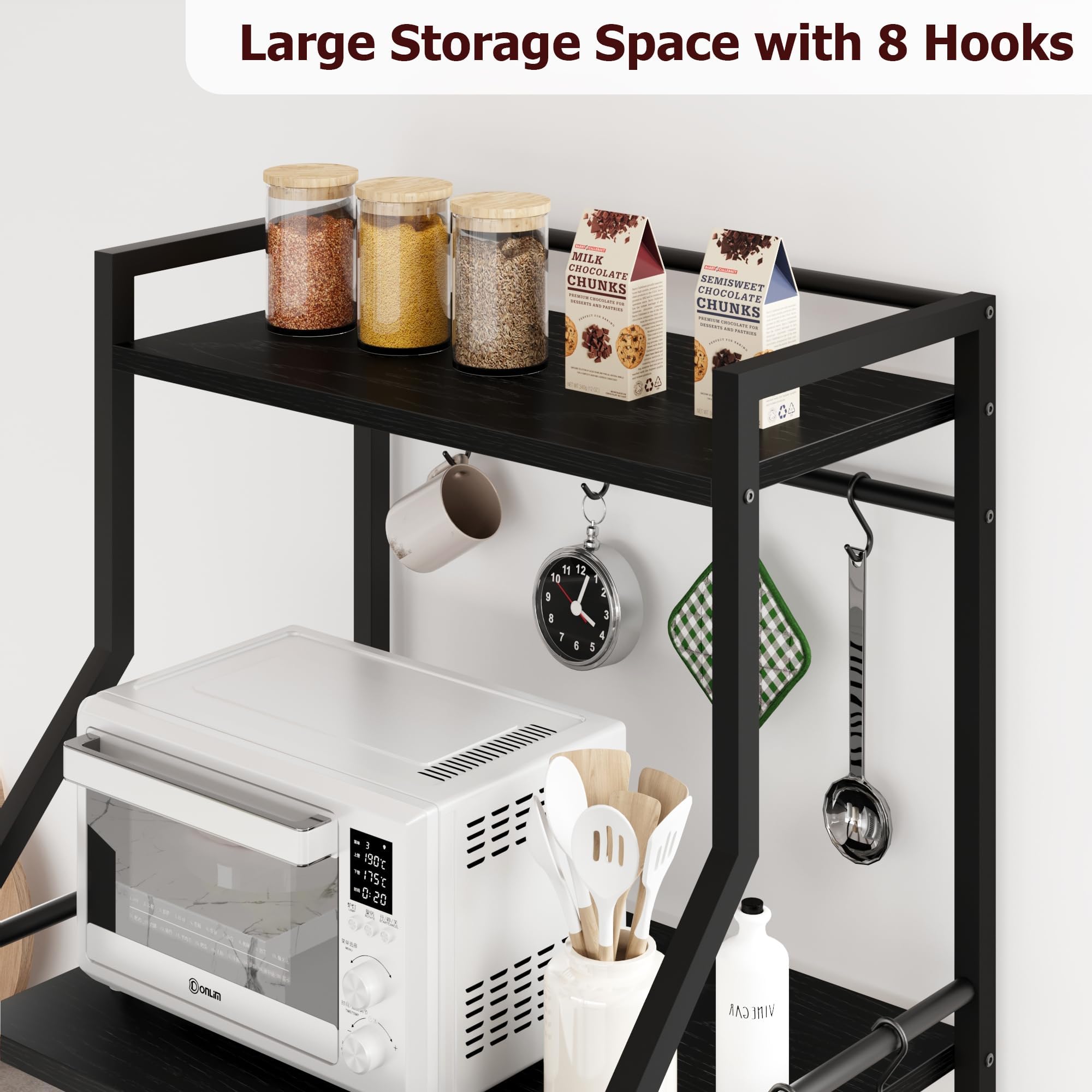 Garvee Estante industrial de cocina de 5 niveles con soporte para microondas – Estante negro con 2 cestas grandes y 8 ganchos para organizar especias y ollas