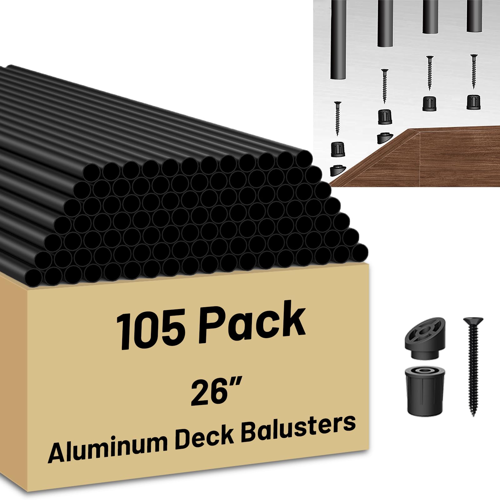 105 pack 26 inch aluminum balusters for deck railing,black round metal spindles for staircase,3/4" diameter hollow deck ballasters with screws and connectors for railing fencing porch stair spindles