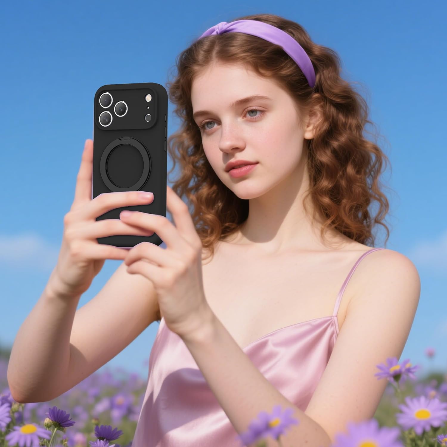 Compatible with iPhone 17 Pro Max Case 6.9'' with 360 Spin Magnetic Ring Stand[Compatible with Mag-Safe] Soft Liquid Silicone 17 Pro Max Case for Men Women,Black