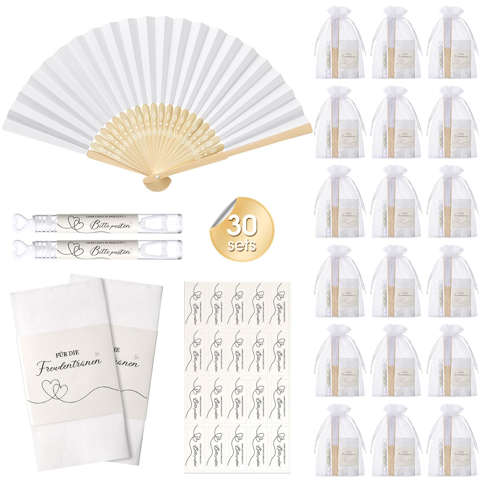 BBTO 30 Sets Gastgeschenk für Hochzeit Fächer Hochzeit Seifenblasen Freudentränen Taschentücher Seifenblasen Aufkleber mit Organzabeutel für Hochzeitsgäste Geburtstag Party Geschenk Tischdeko