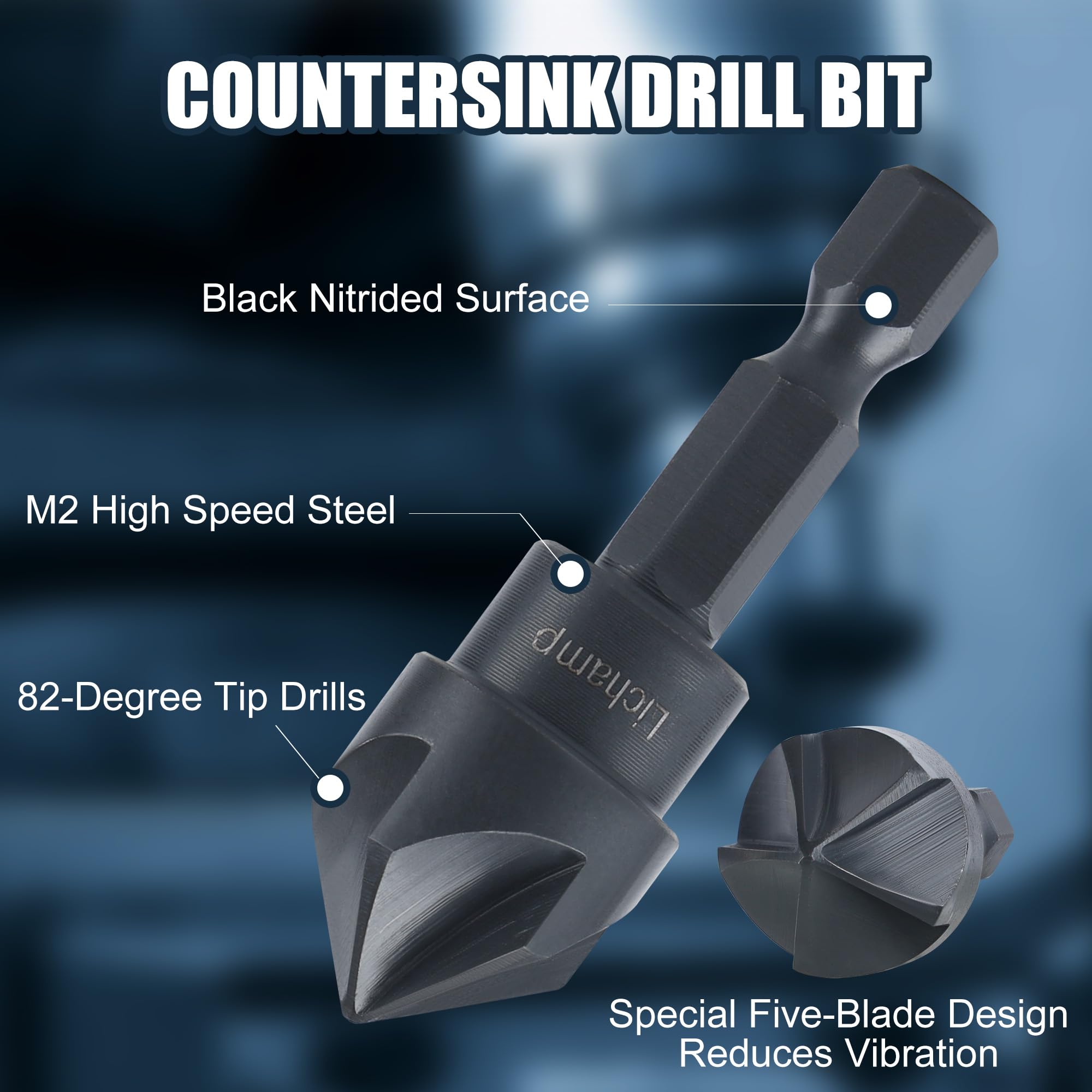 Lichamp Herramienta de chaflán de carburo de tungsteno de 1/8 a 1-7/16 pulgadas con broca avellanadora de 1/8 a 5/8 pulgadas, removedor de rebabas de carburo de tungsteno para tornillos de metal