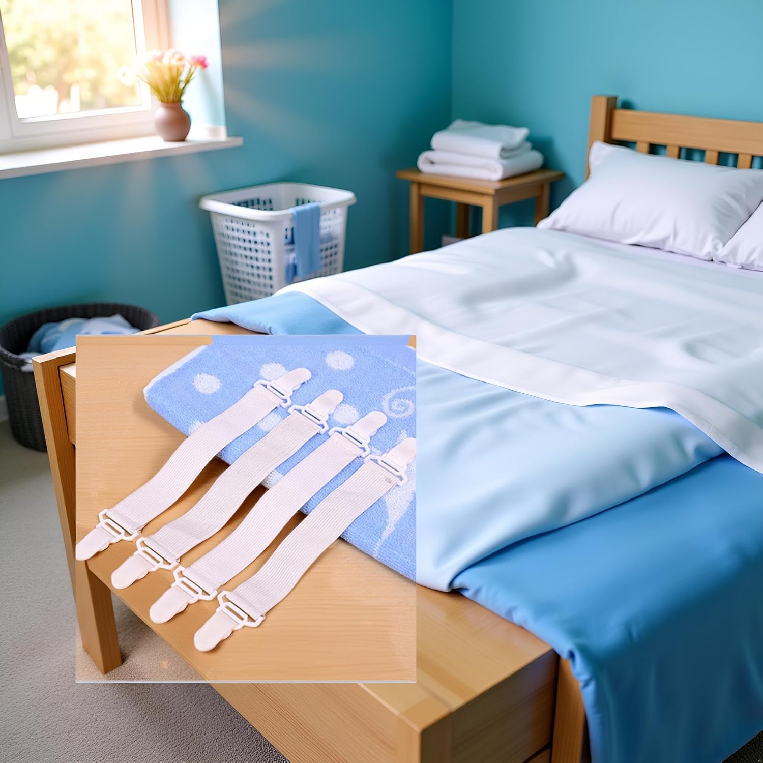 4Pcs Bed Sheet Holder Straps，Sheet Stays Keepers Bedsheet Holders Fasteners, Fitted Sheet Clips Grippers Sheet Fasteners for Twin Queen King Mattress White
