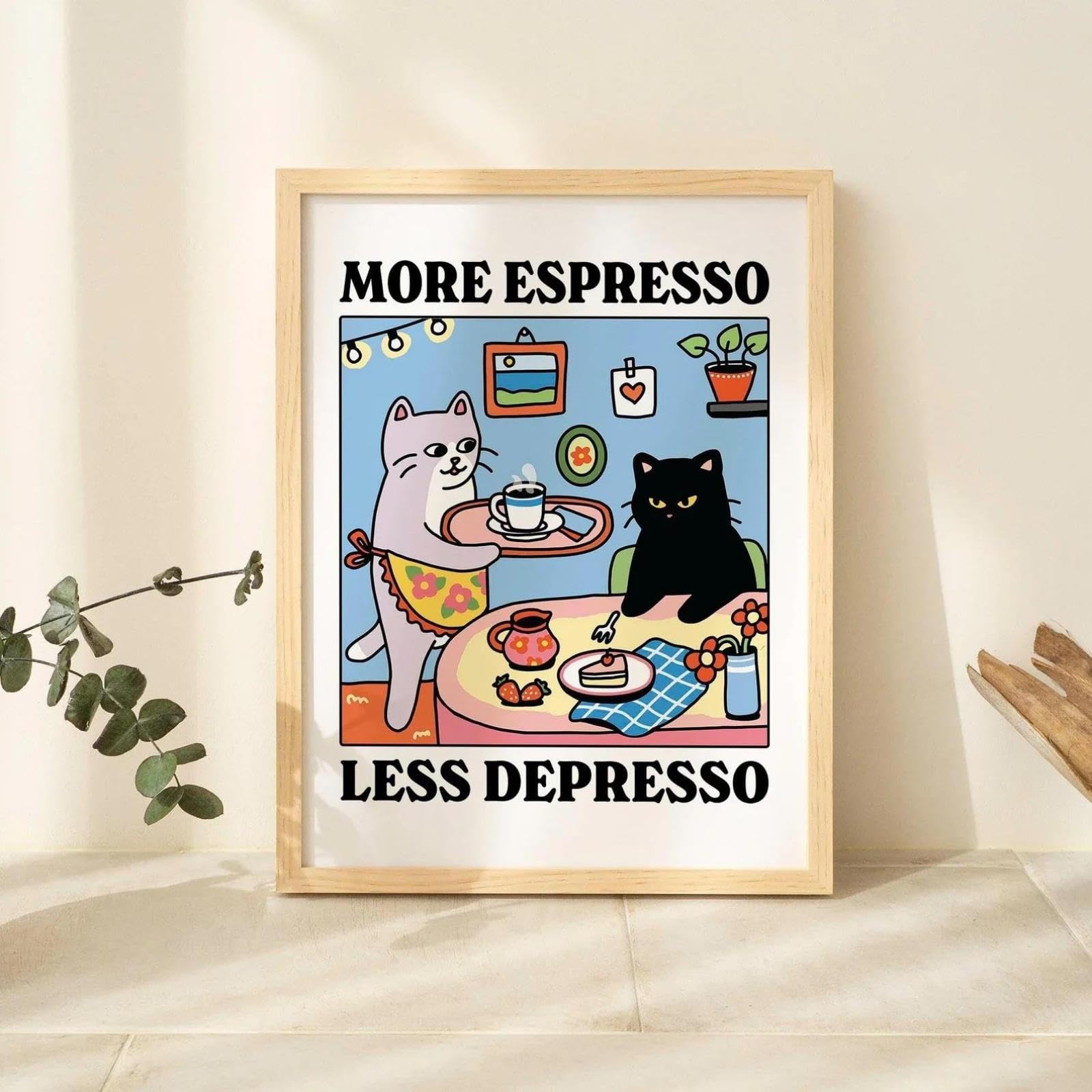 SHINERING More Espresso Less Depresso Cartoon Cat Kitchen Canvas Painting Poster And Prints Wall Art Picture For Cafe Decor Home Decor A1 21X30Cm Unframed