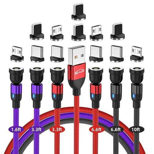 NESTELLE Cable de carga magnético de rotación de 540, cable de carga magnético 3 en 1, cable estático, con adaptador de punta micro USB, tipo C,