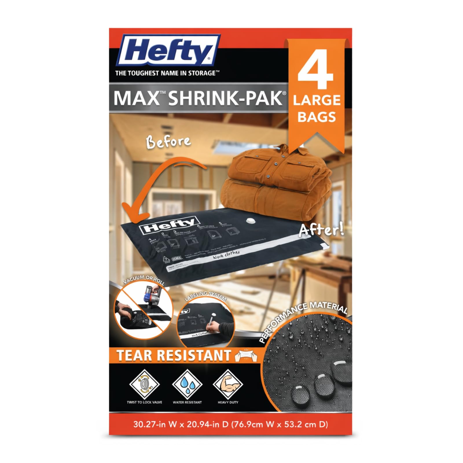 Photo 1 of Hefty MAX Shrink-Pak Vacuum Seal Storage Bags for Clothing, Travel, Bedding | Tear & Water Resistant, Dual-Valve Space Saver Compression Bags - Large, 4-Pack