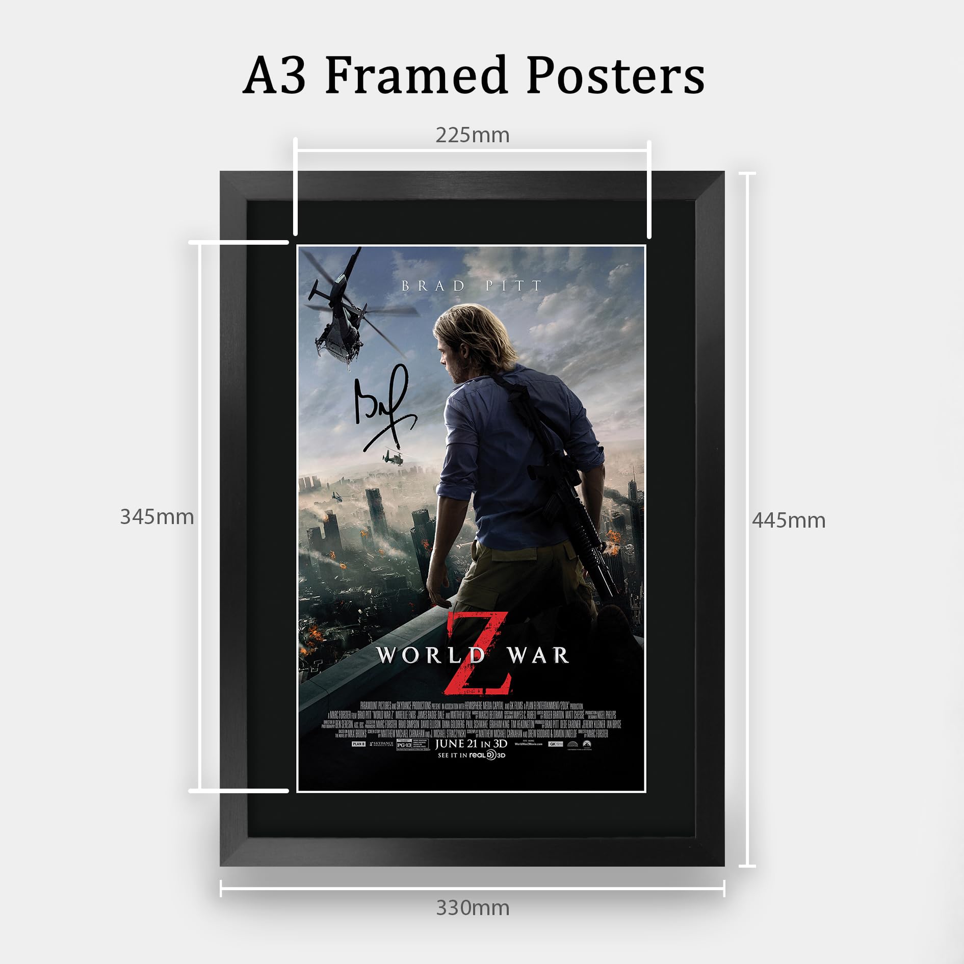 HWC Trading World War Z 2013 Brad Pitt Geschenke Geduckter Poster Signiertes Autogramm Foto für Fans von Film Memorabilien - A3 Gerahmt