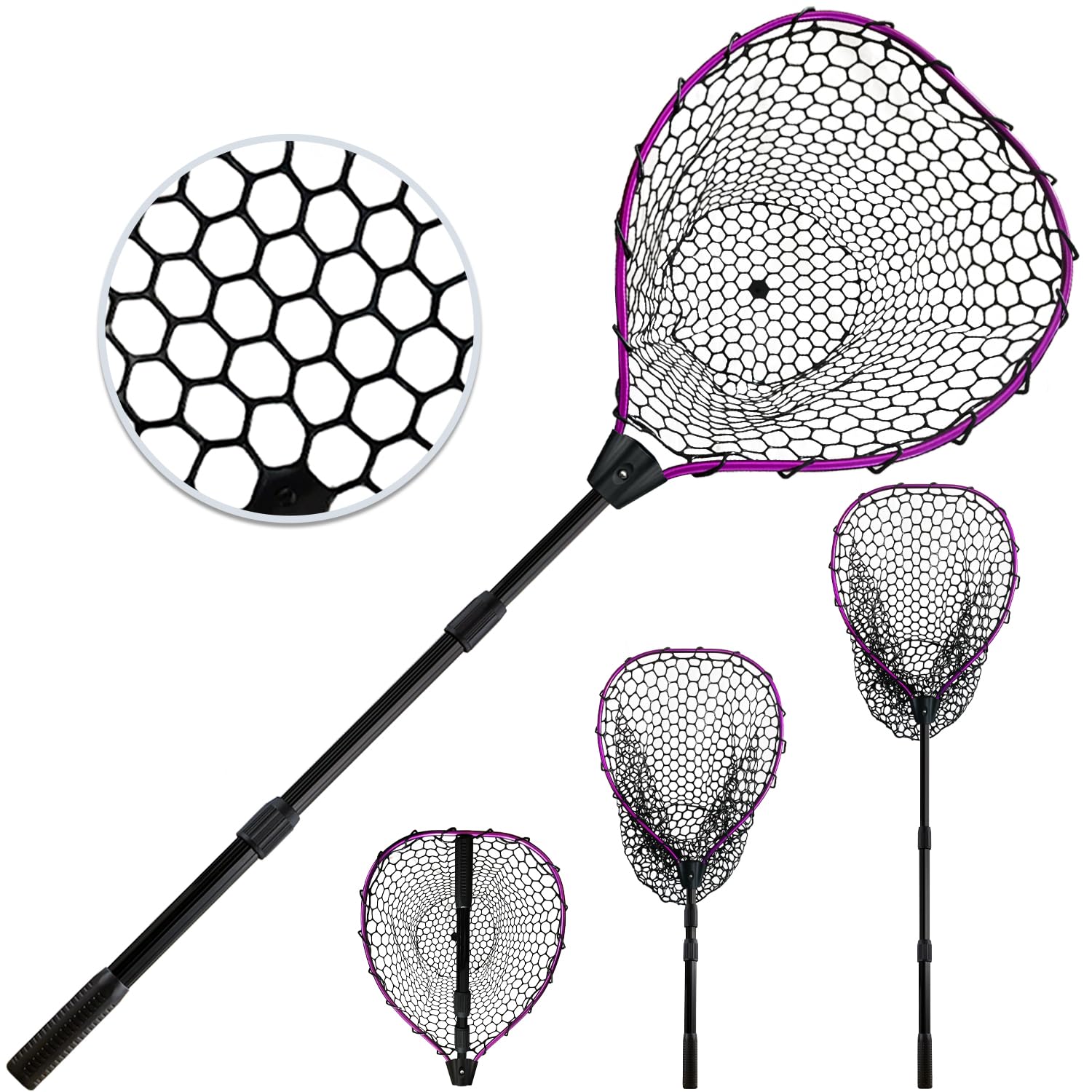 SEASPRO Telescoping Metal Lock Fishing Net with Handle Red Green 64" 52" Rubber Fish Net - Adjustable Length Lightweight Foldable Large Big