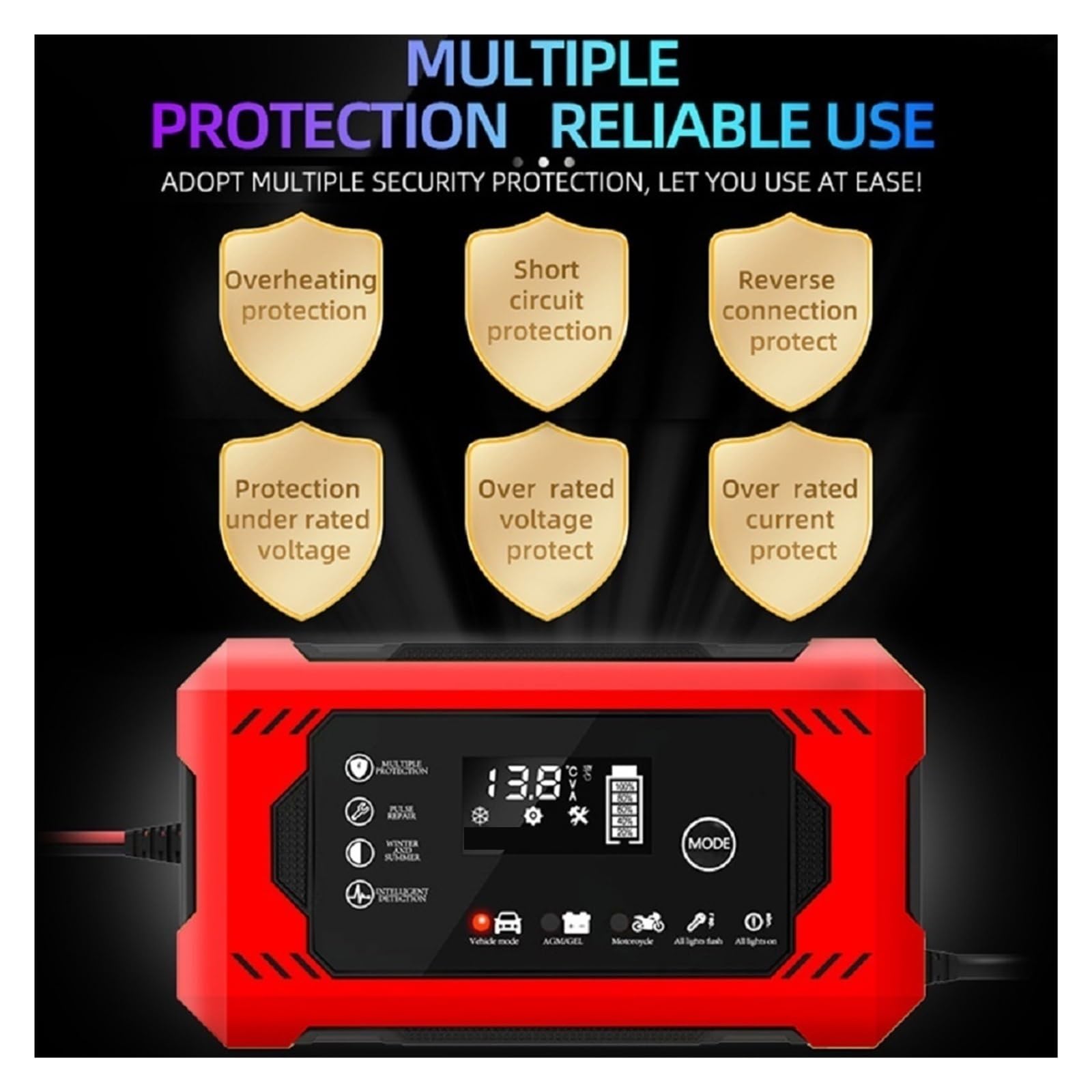 Cargador De Batería Coche 12V 6A Carga Rápida Inteligente Tipo Reparación Pulso Auto-Stop Modo Dual Ácido Plomo For Motocicleta Camión Potente Carga Rápida(Yellow)