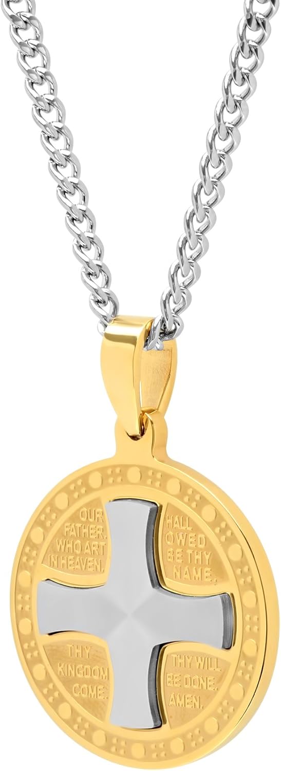 Men’s Stainless Steel Gold-Tone Heraldic Cross Medallion Pendant with Curb Chain Necklace, 24”